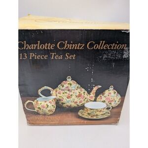 VTG Charlotte Baum Brothers China Yellow & Pink Chintz Floral 13 Pc Set Cups Tea